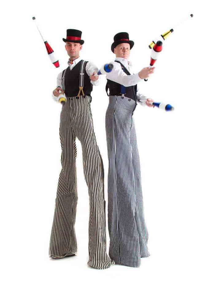 Sam and Stewart walkabout stilt walking juggling duo for hire